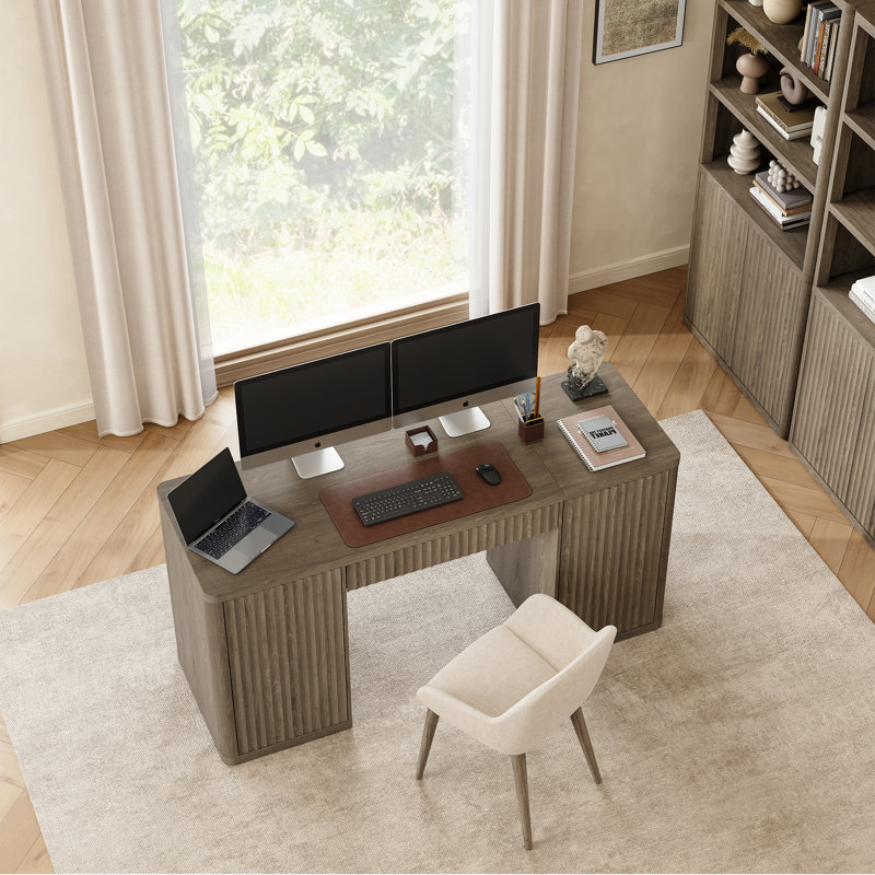 Bureau d'écriture cannelé 61 "avec tiroir et armoires Cesiro, Gris, Ensemble de 1 