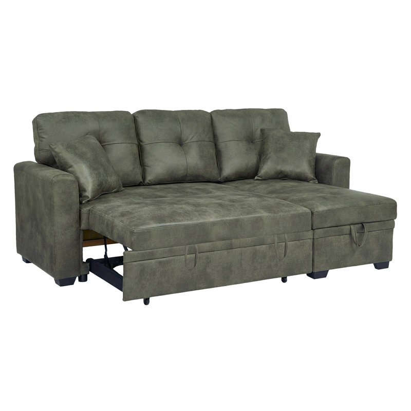 Canapé-lit, canapé modulaire avec lit escamotable, méridienne réversible, canapé modulaire avec rangement, tissu respirant vert olive, solution pour petit espace, canapé-lit convertible, mobilier de salon, canapé en L