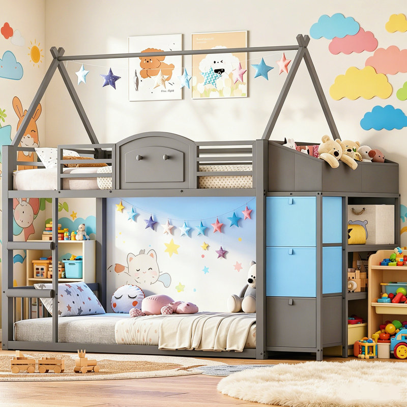 Lit mezzanine bas avec bibliothèque, 3 tiroirs et boîtes de rangement | Lit superposé simple pour petits espaces, Gris