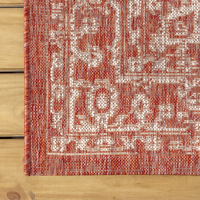 Massimo Bohemian Medallion Textured Weave Red/Taupe Indoor/Outdoor Rug, Runner 2'2" x 8'