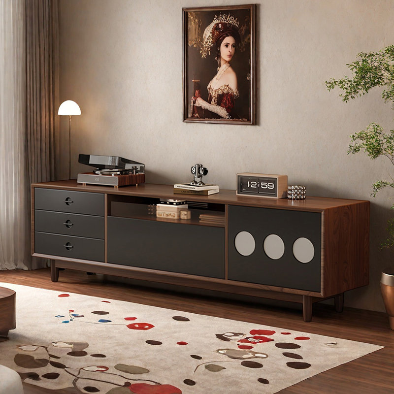 Meuble télé en bois massif pour le salon, H 22 po x L 70,9 po x l 15,7 po, Bois brun foncé / noir