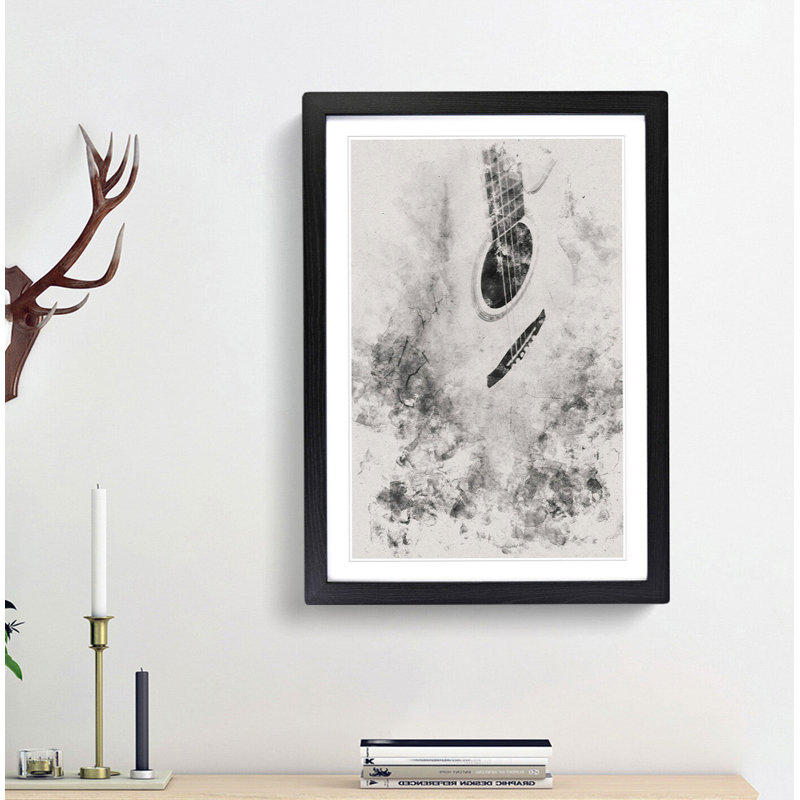 Cracked Acoustic Guitar Watercolour - Picture Frame Graphic Art, 87cm H x 62cm W x 2cm D, Black Framed
