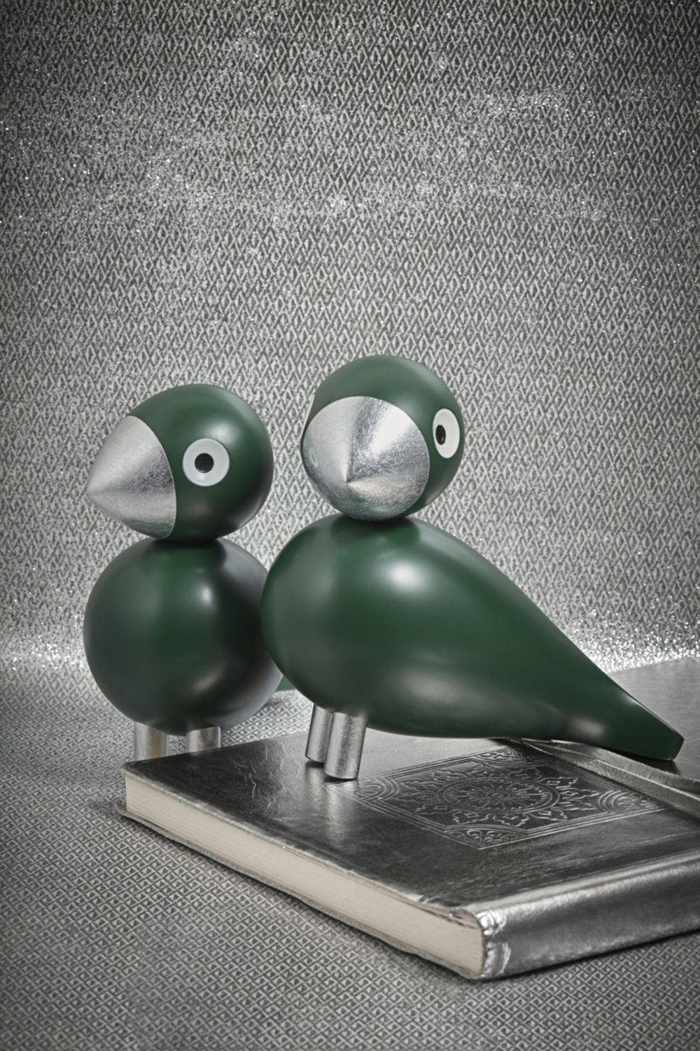 Songbird Sculpture, 6.1" H x 6.3" W x 3.1" D, Green/Silver, 1