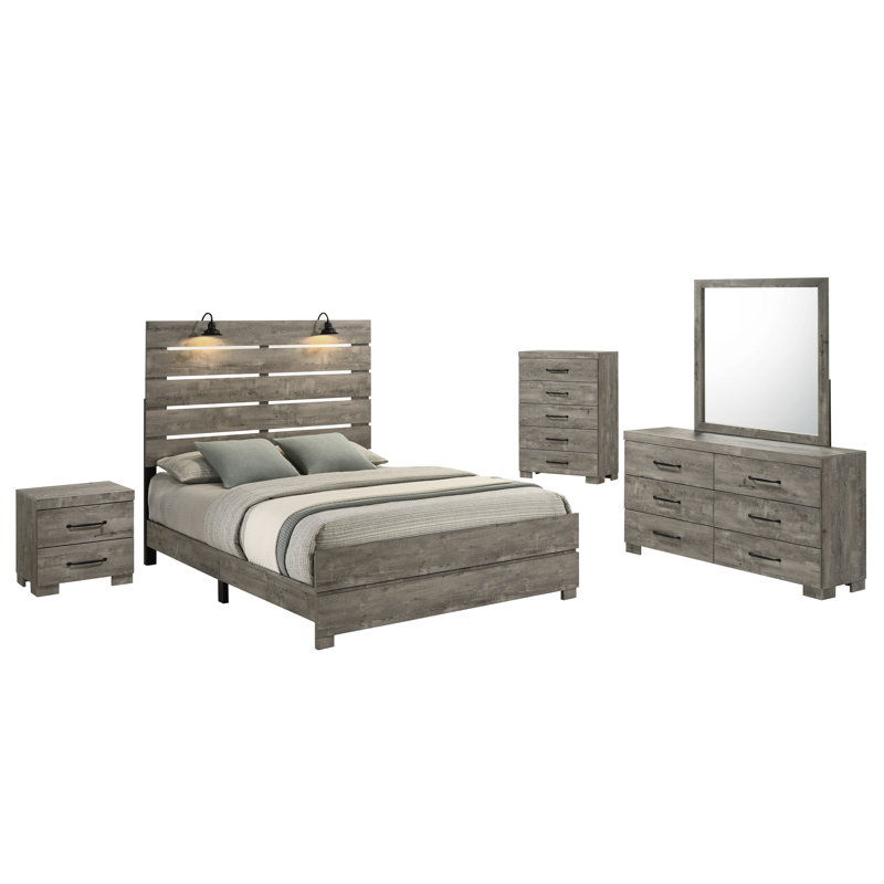 Ensemble de chambre à coucher à panneaux Dixon, Ensemble de 5 pièces : lit, commode, miroir, tabl, Lit double