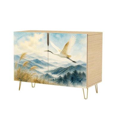 Modern Watercolor Graceful Crane Misty Mountain Landscape Sideboard Buffet Cabinet with 2 Concealed Storage Doors Multi-Functional Accent Console Cabinet Space-Saving Freestanding Storage Furniture for Living Room Kitchen Entryway and Coffee Bar