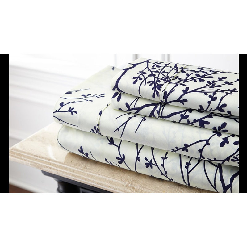 Ensemble de draps en microfibre Foliage, Ivoire / Bleu marine, Drap pour taille de lit grand avec drap-housse et 