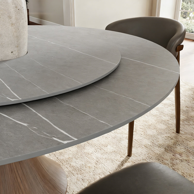 Round Pedestal Swanigan 4/6/8 Seats Dark Walnut & Gray Set With Matte Sintered Stone Lazy Susan, 7, 30"H x 53"L x 53"W