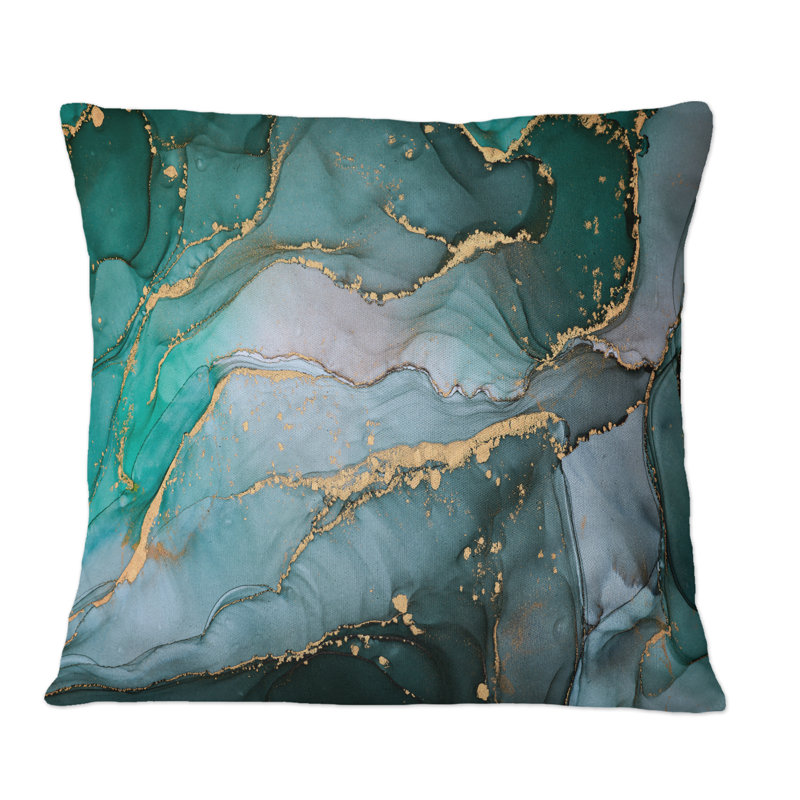 Turquoise et gris luxueux abstrait Art fluide II - coussin décoratif imprimé moderne, 18 po x 18 po