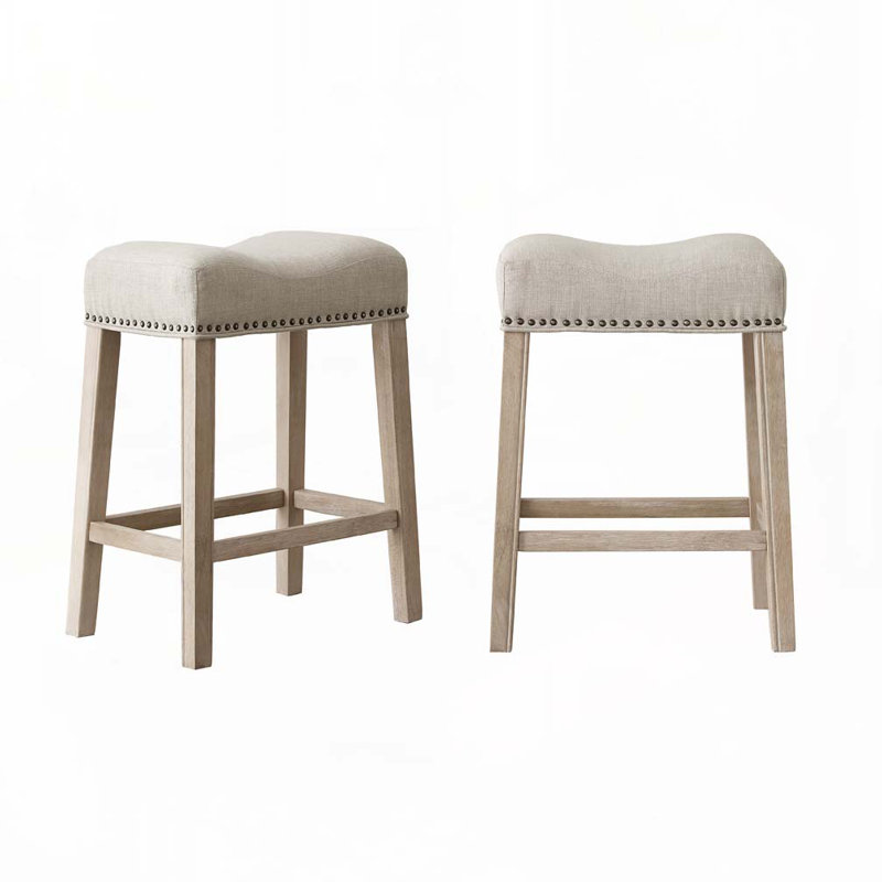 Ensemble de tabourets de bar rembourrés en tissu sans dossier avec garniture cloutée, Chêne clair, Beige