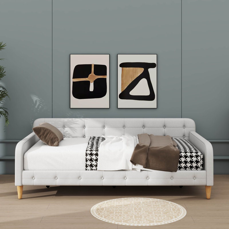 Lit de jour avec revêtement en tissu et repose-pieds, Beige, Simple