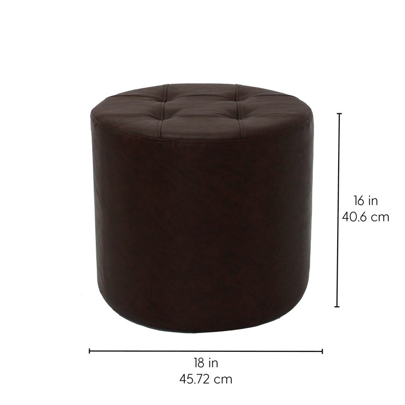 Repose-pieds rond capitonné en cuir vieilli, Polyuréthane brun foncé