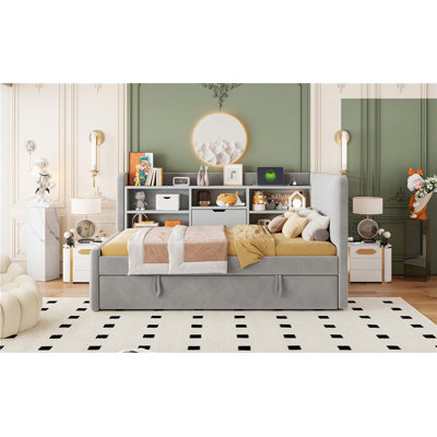 Twin Size Upholstered Daybed with Trundle, Storage Shelves,USB & Outlet