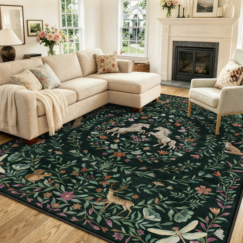 Goldene Machine Washable Animal Floral Green Area Rugs For Kid Room Living Room Bedroom Non Slip Soft Low Pile Unicorn Vintage Carpet
