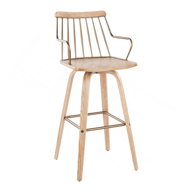 Tabouret de bar à hauteur fixe avec pivot en bois blanchi et métal cuivre antique avec repose-pieds carré en métal cuivre antique