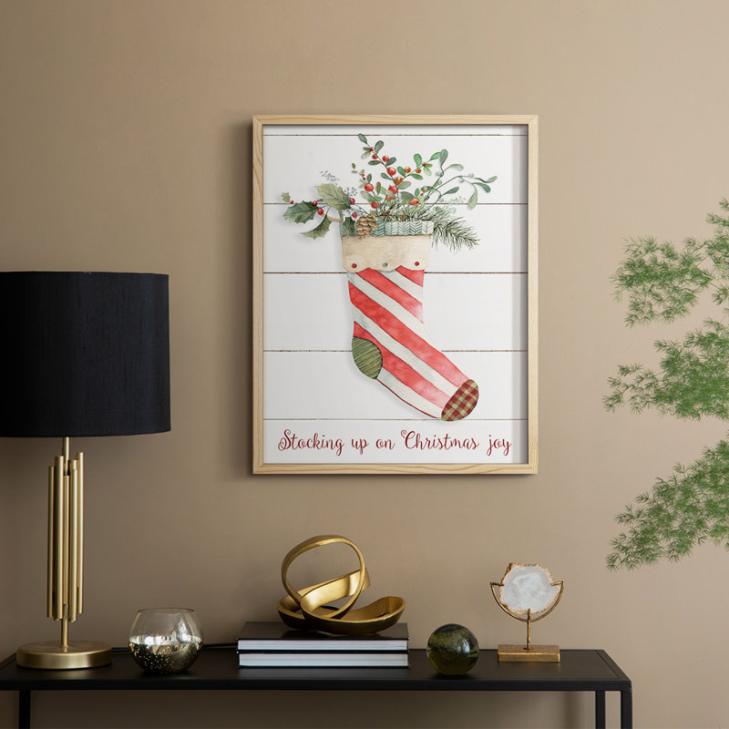 Comfy Cozy Stocking II Framed Print - Solid Wood, Natural, 11" H x 9" W