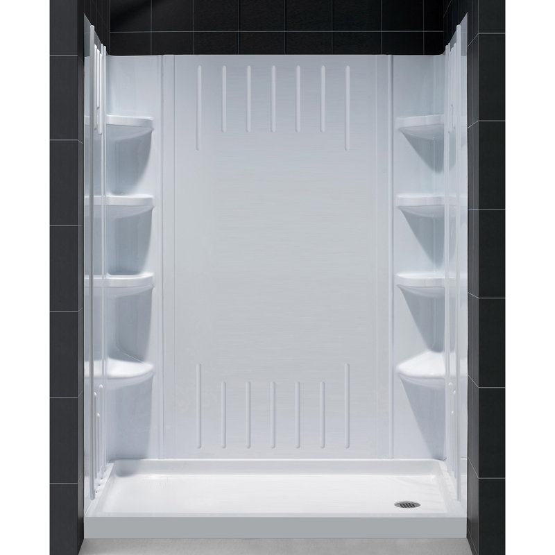 White Acrylic Square Alcove Shower Kit with Shelves