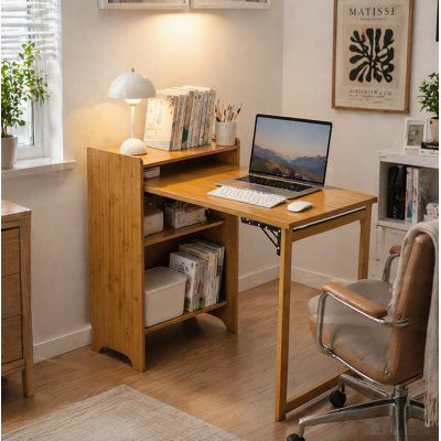 Bureau pliant en bambou, bureau pliable pour les petits espaces, bureau d'ordinateur avec rangement caché, table pliable Mid-Century pour le bureau à domicile et la chambre à coucher