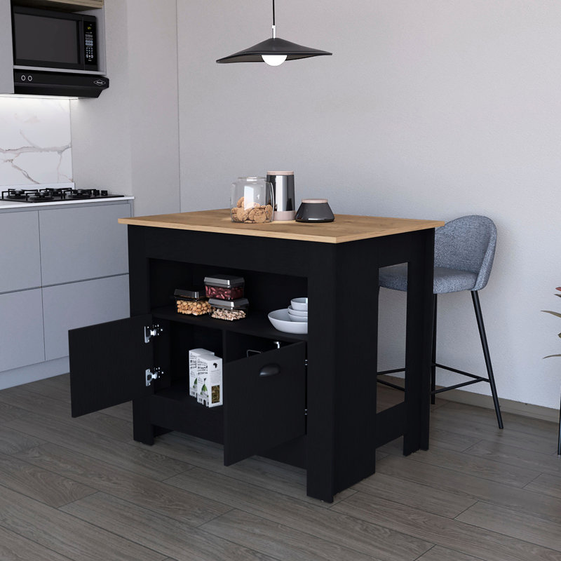Black Kitchen Island With Abundant Storage - 3 Shelves For Utensils 2-door An Organized Environment