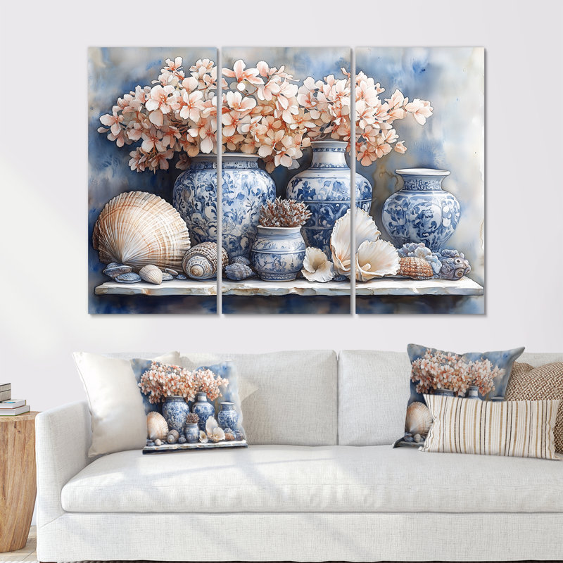 Poterie en tons de bleu et blanc II - ensemble de décoration murale de poterie côtière, Toile tendue