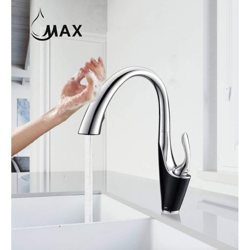 Robinet de cuisine rétractable à poignée simple avec accessoires, Noir / argent