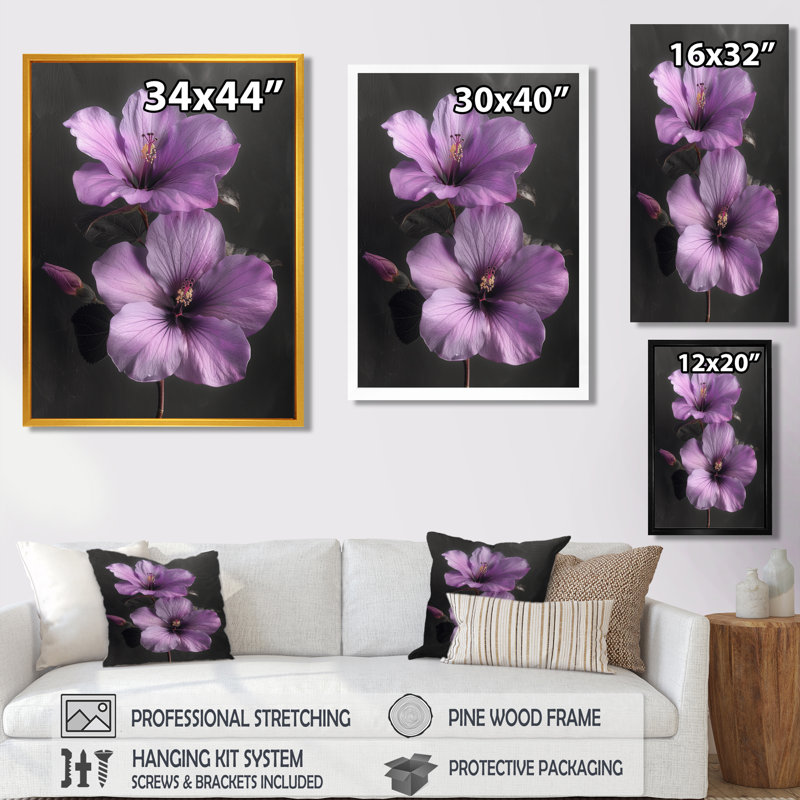 Rétro romance d'hibiscus mauve - Hibiscus, salon d'art mural, Cadre simple blanc, H 24 po x l 32 po