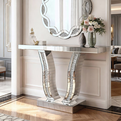 Console à miroir de 43 pouces, canapé d'entrée moderne en argent avec pieds courbés incrustés de pierre