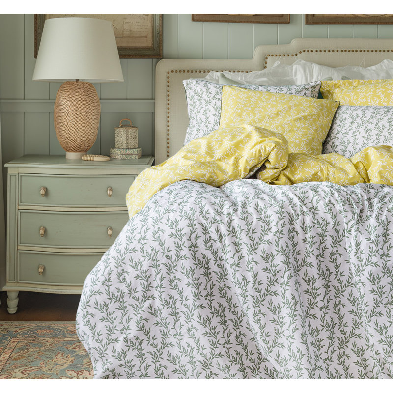 Cotton Duvet Cover with Pillowcases, Kingsize - 2 Standard Pillowcases, Floral, Olive Green