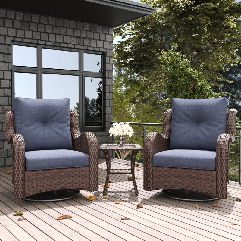 LayinSun 3 Pieces Swivel Gliders Patio Chairs Set With Side Table, Navy, Brown