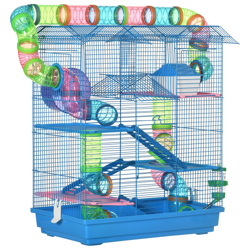 Cage à hamster 18,5 "à 5 niveaux avec tubes et tunnels, cage pour petits animaux, cage à gerbes de rat avec bouteille d'eau, plat à nourriture, roue d'exercice, bleu