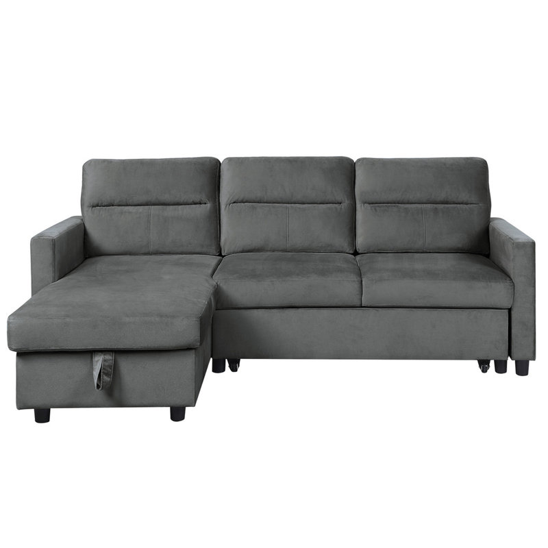 Canapé-lit en velours réversible de 81,5 po avec velours gris foncé, rangement et poche modulaire, méridienne et poche latérale. Lit escamotable 73 po x 53 po x 16,5 po. Sièges rembourrés de mousse, ressorts hélicoïdaux. 3. Largeur. 33,5 po