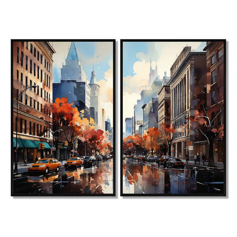 «Autumn New York City Breeze», reproduction d'art sur toile orange, Noir, H 36 po x l 48 po, Impression encadrée flottante