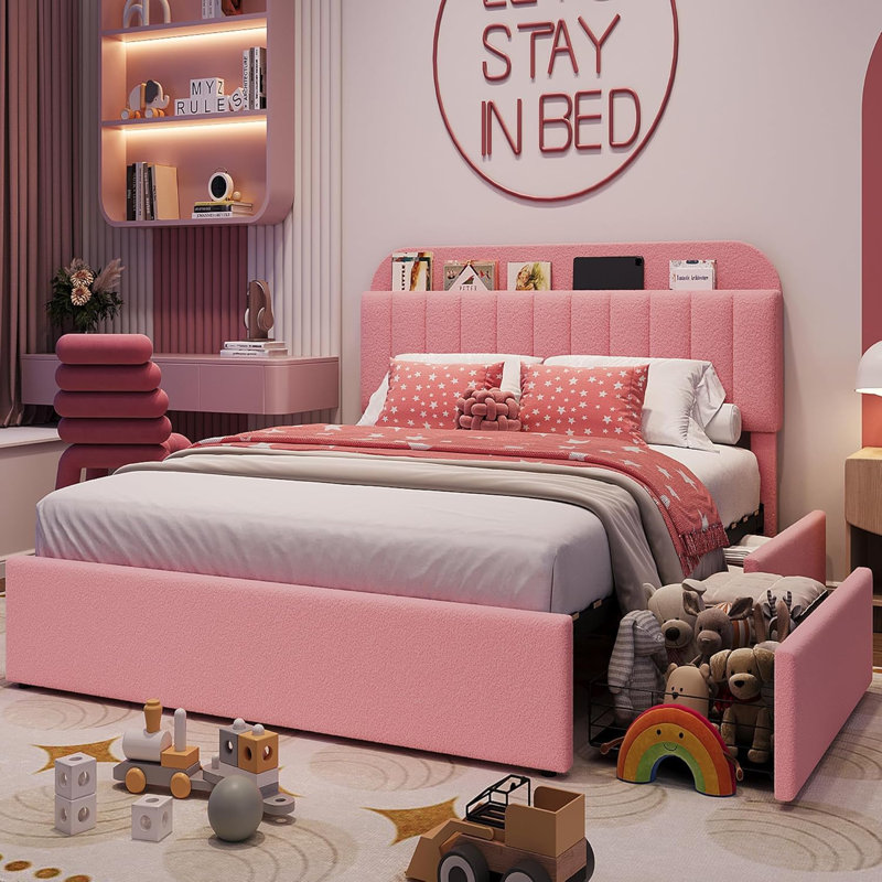 Faux Fur Upholstered Bed Frame with Storage Headboard, 2 Drawers, Queen, Pink