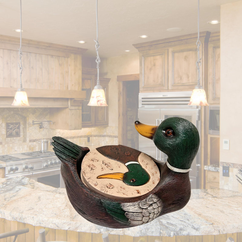 Rustic Woodland Mallard Duck Polyresin Coaster Set with Decorative Holder