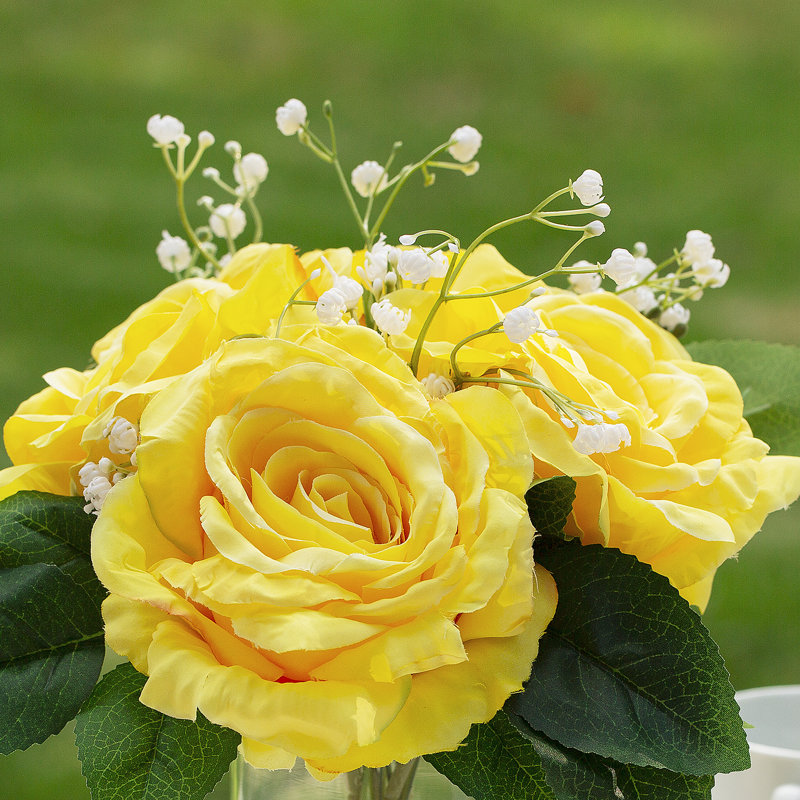 Roses en soie dans un vase, Jaune/vert
