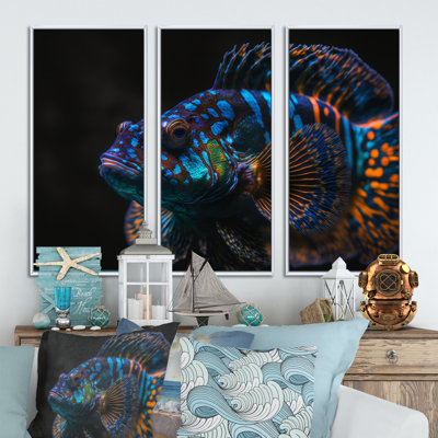 «Beautiful Mandarin Fish In Blue» - reproduction de 3 pièces sur toile