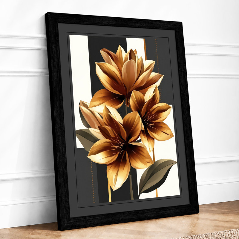 Golden Lotus Blooms Botanical - Framed Print, A1 - 84.1 x 59.4 cm, Black