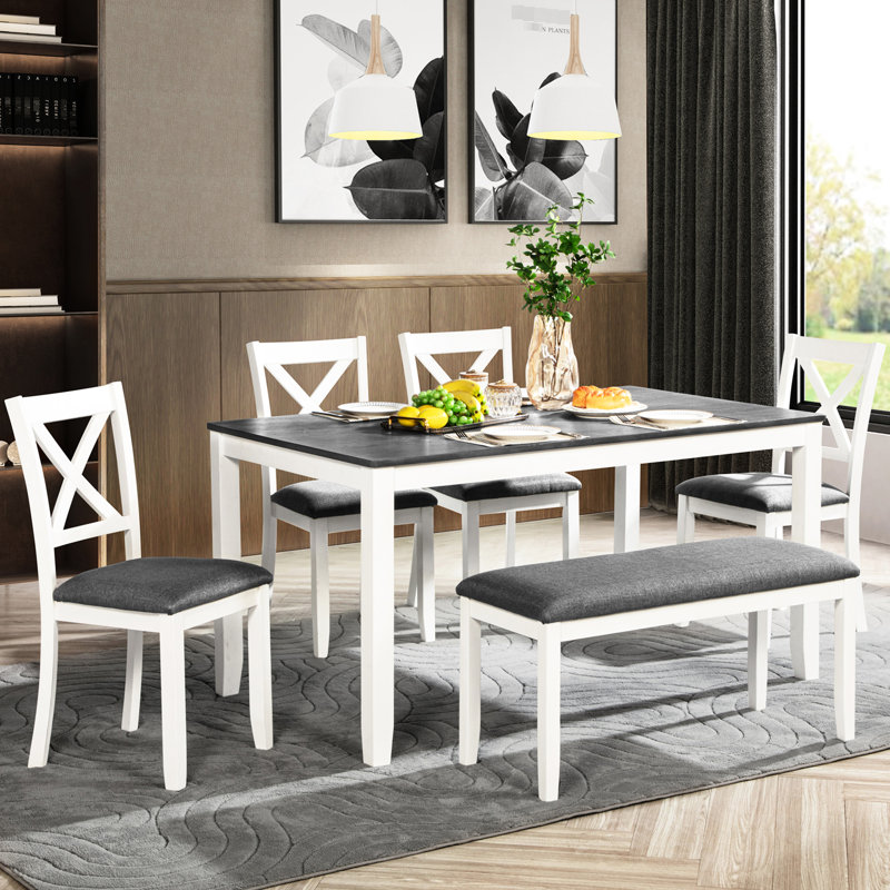 Table de salle à manger moderne pour 6 personnes, grise et blanche, en bois massif, plateau élégant, siège confortable, pieds antidérapants, design élégant et peu encombrant.