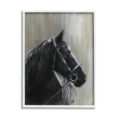 " Black Horse In Bridle Solemn Equestrian Portrait " by Sally Swatland Painting Print