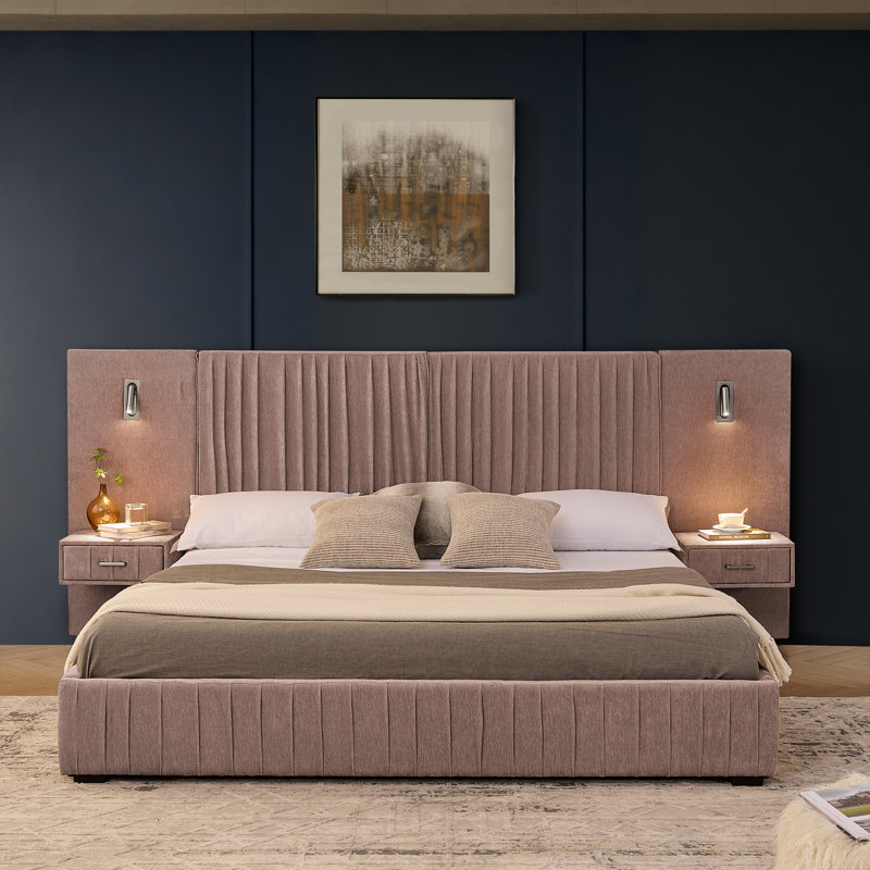  Très grand lit plateforme tapissier très grand avec tête de lit plissée et tables de chevet intégrées, structure solide, rose
