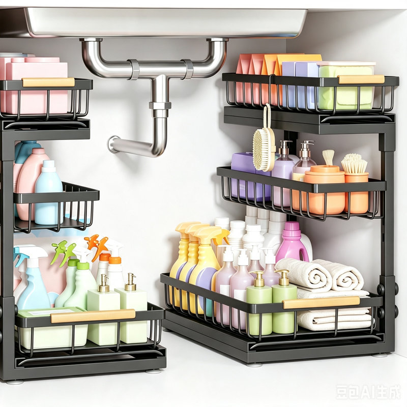 Ensemble de 2 organisateurs de rangement coulissants sous évier à 3 niveaux, organisateur de tablettes coulissantes, solution de rangement pour armoires de cuisine et de salle de bain