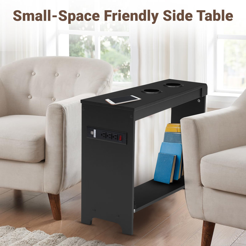 Keymia End Table with USB Ports & Outlets, Wooden Side Table for Bedrooms, Modern End Table, Black
