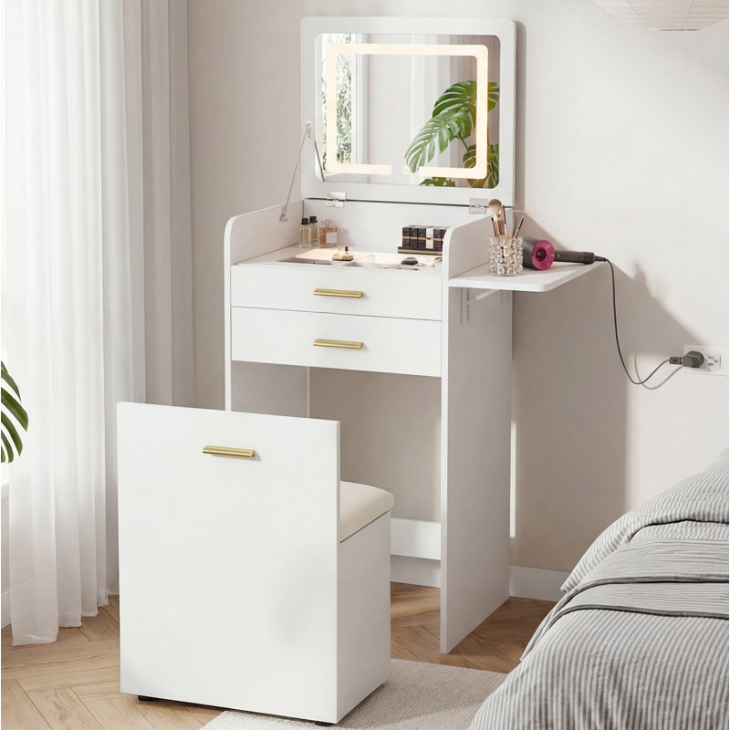 Table de coiffeuse rabattable, coiffeuse compacte / mini, coiffeuse intégrée au miroir, armoire de rangement tout-en-un, ensemble de coiffeuse avec tabouret
