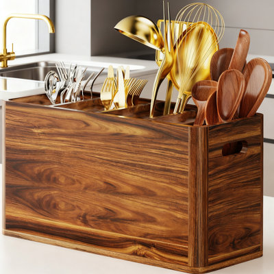 Wood Kitchen Utensil Holder With 4 Compartments, Countertop Organizer With Removable Dividers, Wall Mount Option And Non-Slip Base For Cooking Tools And Silverware Storage