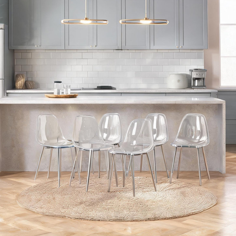 Ensemble de 6 chaises d'appoint pour la salle à manger, siège en plastique transparent avec pieds en métal argenté doux, conception moderne sans accoudoirs, l 17,3 po x H 32,7 po