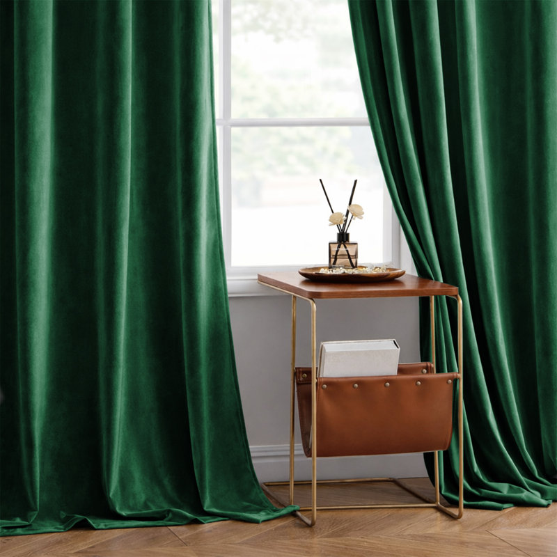 Heavy Crushed Ready Made Velvet Eyelet Curtains (Set Of 2), Green, 168cm Width x 137cm Height