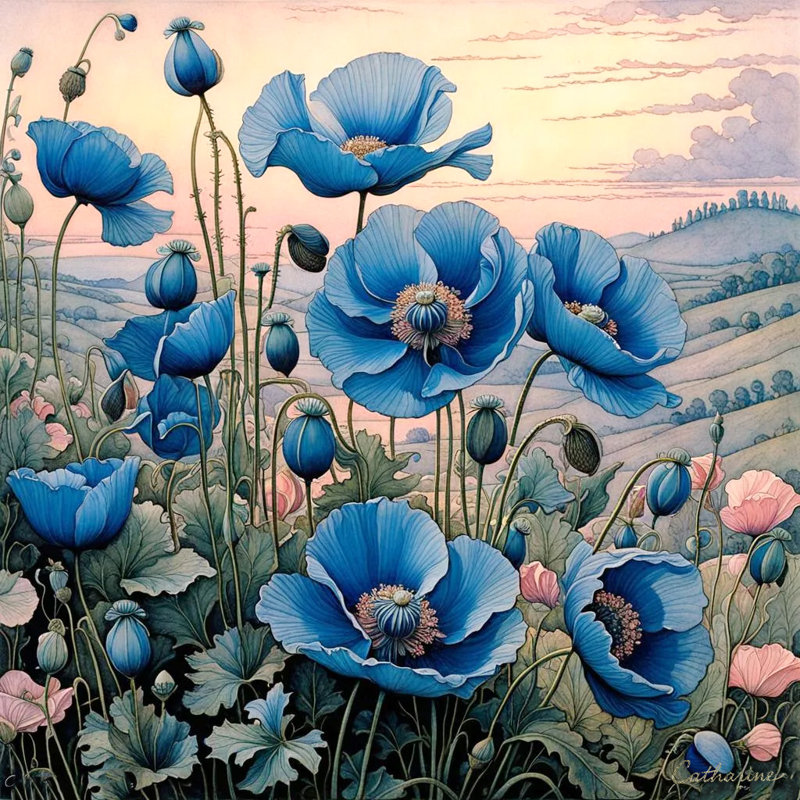 «Blue Bloomed Serenity», art mural botanique sur toile tendue, H 30 po x l 30 po