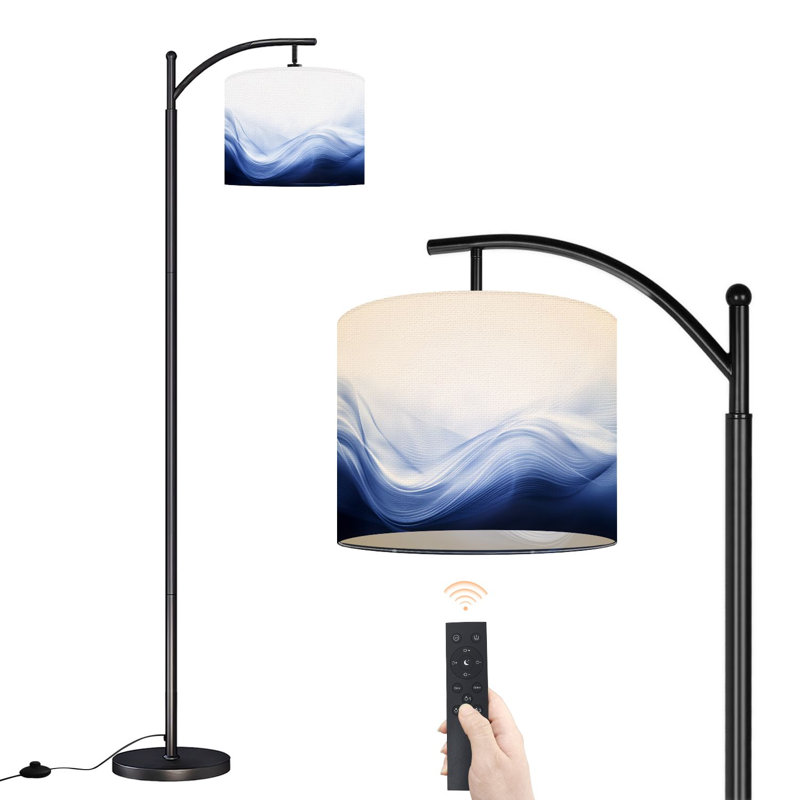 Lampe sur pied à arc avec abat-jour réglable Abat-jour abstrait à vagues bleues à gradation douce Lampe sur pied fluide minimaliste 3 températures de couleur Lampe à mât haut avec interrupteur au pied pour la chambre à coucher