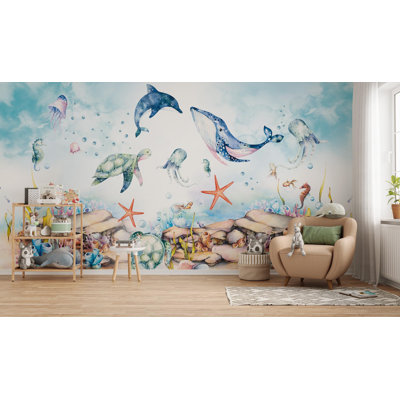 Murale aquarelle animaux océaniques pour enfants | Baleine, dauphin et tortue Papier peint | Non tissé ou pelez et collez