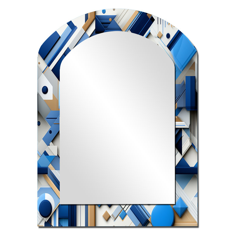 Samy bleu et blanc Matrix Grid - grand miroir asymétrique géométrique, miroir mural décoratif arche moderne, impression d'art en métal