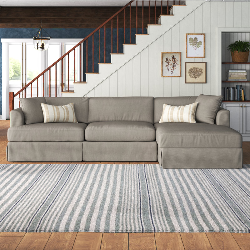 Lucia 128" Wide Down Cushion Sofa & Chaise, Right Hand Facing, Drusky Linen Sustain® Basketweave